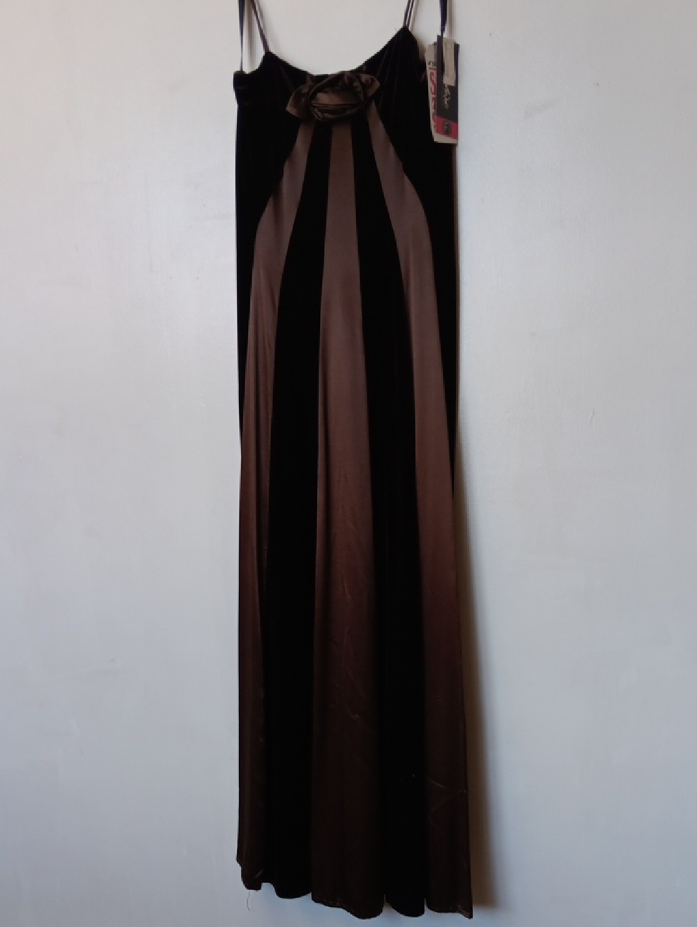 Vintage Brown and Cocoa Felt Maxi Dress with Rosette Neckline